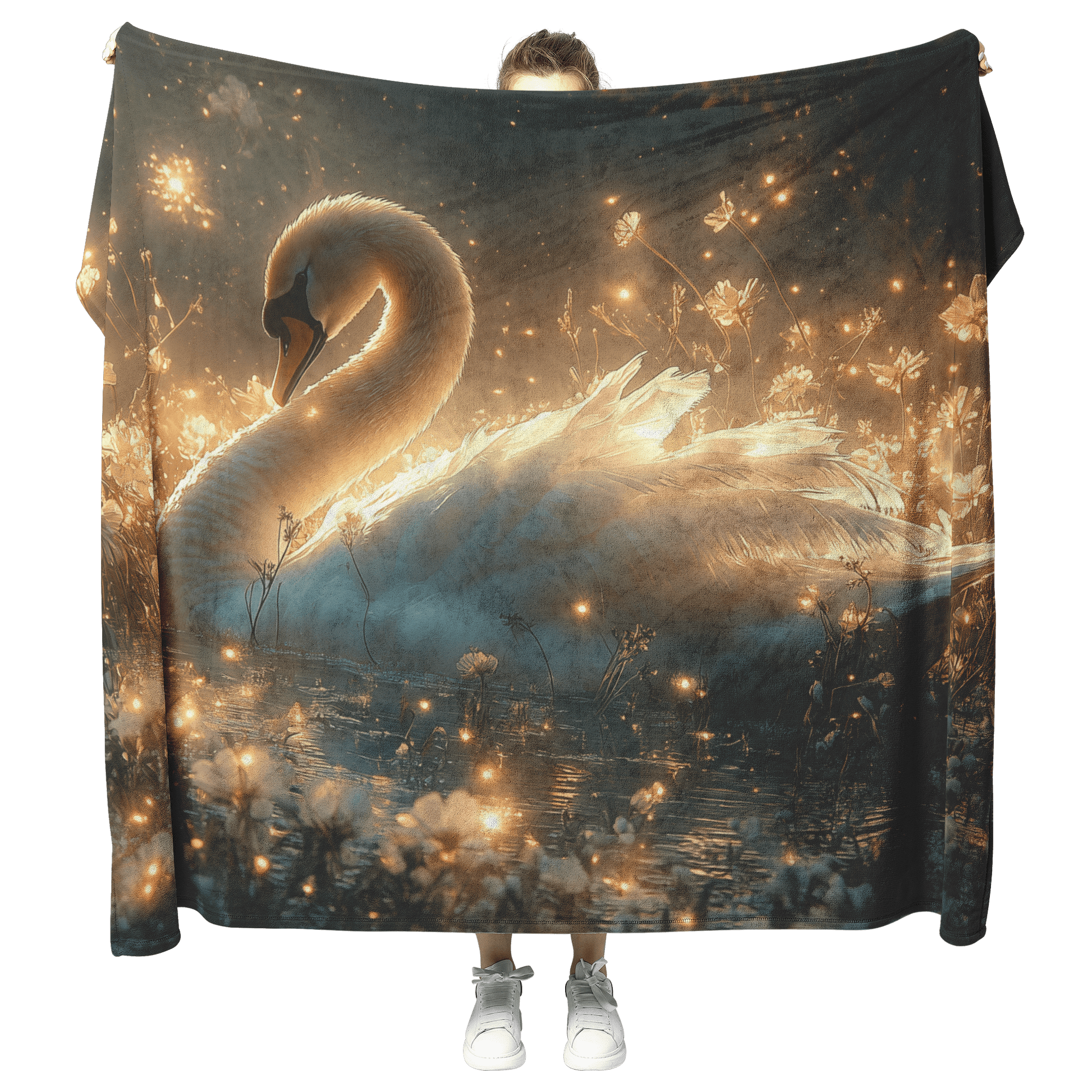 Swan Resting in Meadow of Glowing Wildflowers Under Golden Moonlight Surrounded by Mist and Fireflies Fleece Sherpa Blanket - Awakening Righteousness