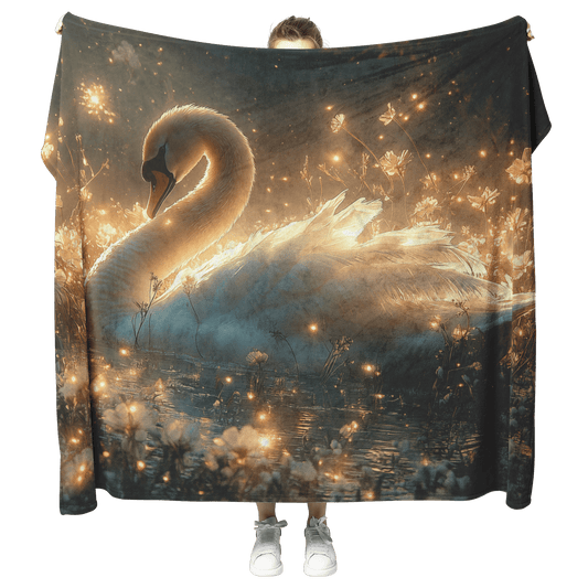 Swan Resting in Meadow of Glowing Wildflowers Under Golden Moonlight Surrounded by Mist and Fireflies Fleece Sherpa Blanket - Awakening Righteousness