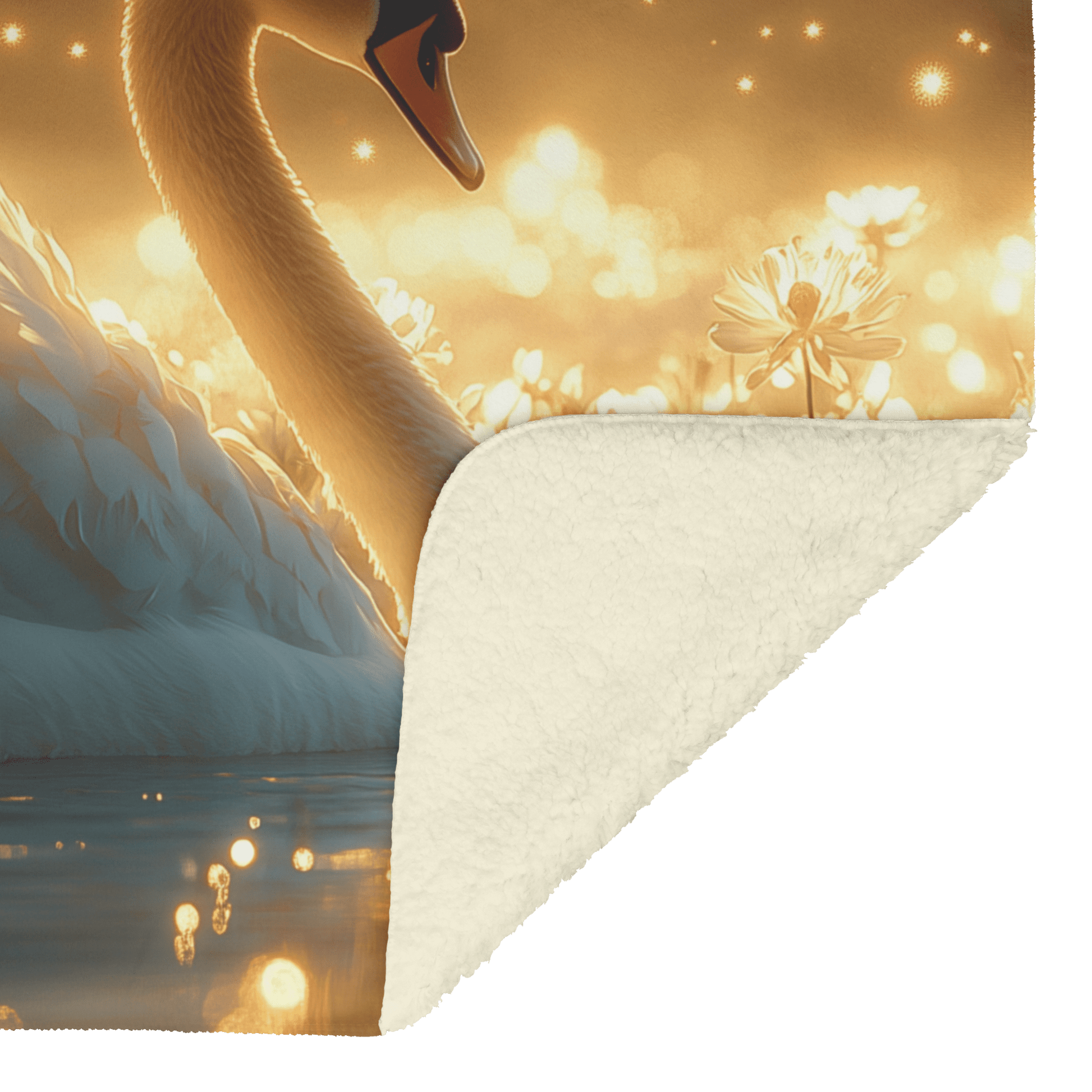 Swan Resting in Meadow of Glowing Wildflowers Under Golden Moonlight Surrounded by Mist and Fireflies Fleece Sherpa Blanket - Awakening Righteousness