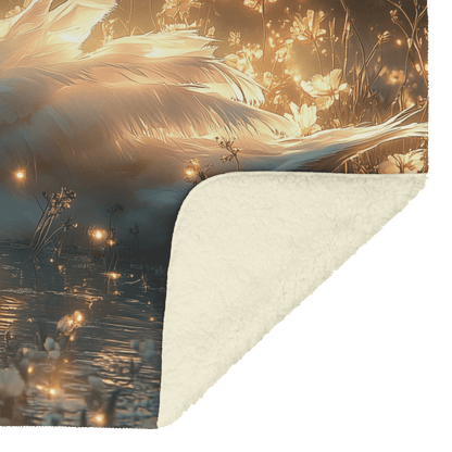 Swan Resting in Meadow of Glowing Wildflowers Under Golden Moonlight Surrounded by Mist and Fireflies Fleece Sherpa Blanket - Awakening Righteousness