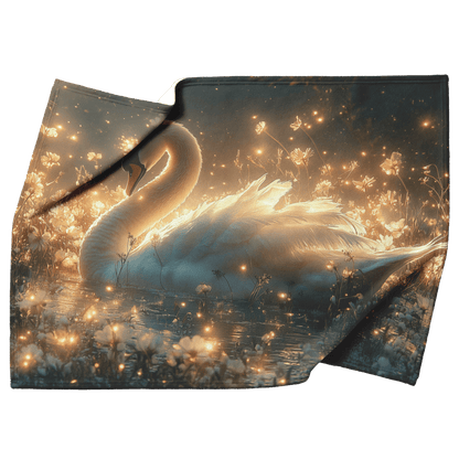 Swan Resting in Meadow of Glowing Wildflowers Under Golden Moonlight Surrounded by Mist and Fireflies Fleece Sherpa Blanket - Awakening Righteousness