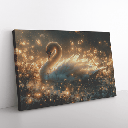 Swan Resting In Meadow Of Glowing Wildflowers With Golden Moonlight Mist And Fireflies Canvas Wall Art Decor - Awakening Righteousness