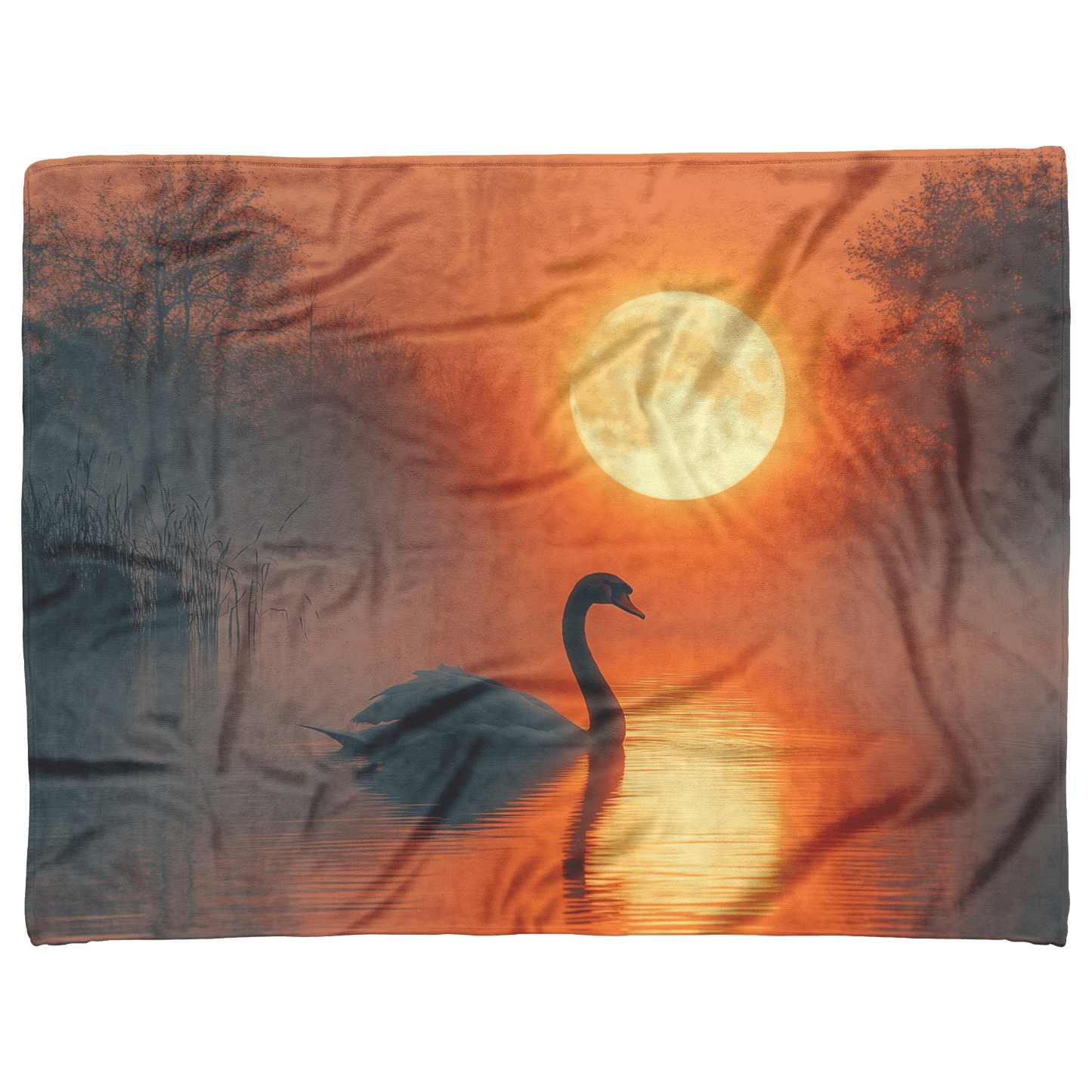 Swan Silhouetted Against Glowing Full Moon on Calm Lake Surrounded by Shimmering Water and Mist Fleece Sherpa Blanket - Awakening Righteousness