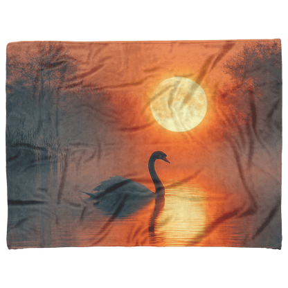Swan Silhouetted Against Glowing Full Moon on Calm Lake Surrounded by Shimmering Water and Mist Fleece Sherpa Blanket - Awakening Righteousness