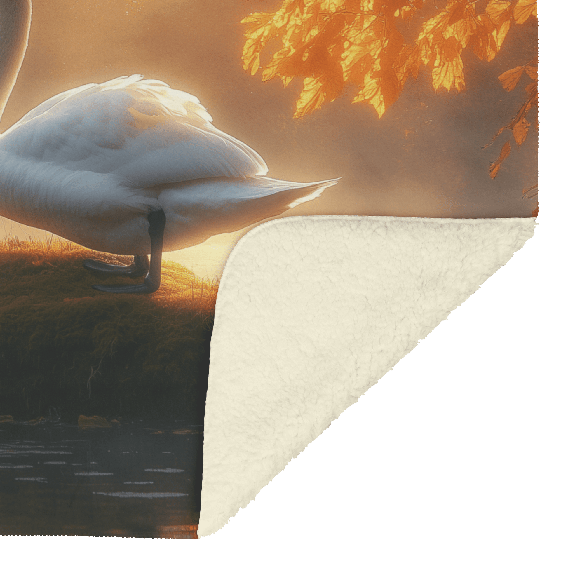 Swan Standing Majestically on Glowing Mossy Rock Surrounded by Mist and Golden Sunlight in Magical Forest Fleece Sherpa Blanket - Awakening Righteousness