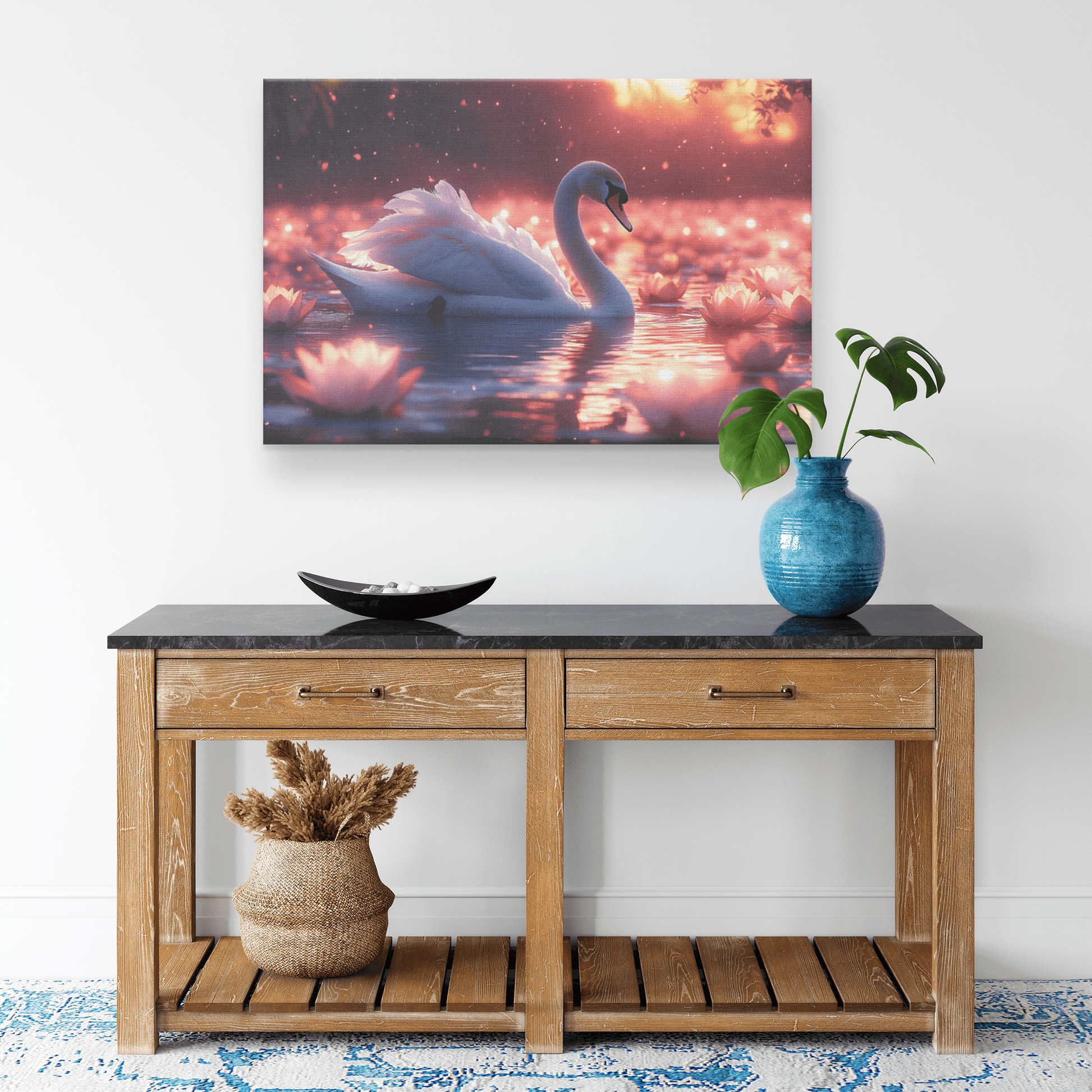 Swan Surrounded By Glowing Lotus Flowers On Tranquil Lake Under Twilight Sky With Shimmering Feathers Canvas Wall Art Decor - Awakening Righteousness