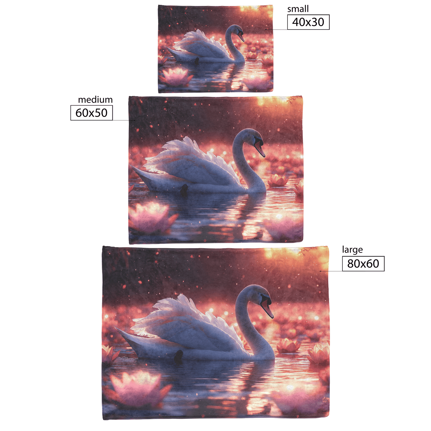 Swan Surrounded by Glowing Lotus Flowers on Tranquil Lake Under Vibrant Twilight Sky With Shimmering Feathers Fleece Sherpa Blanket - Awakening Righteousness