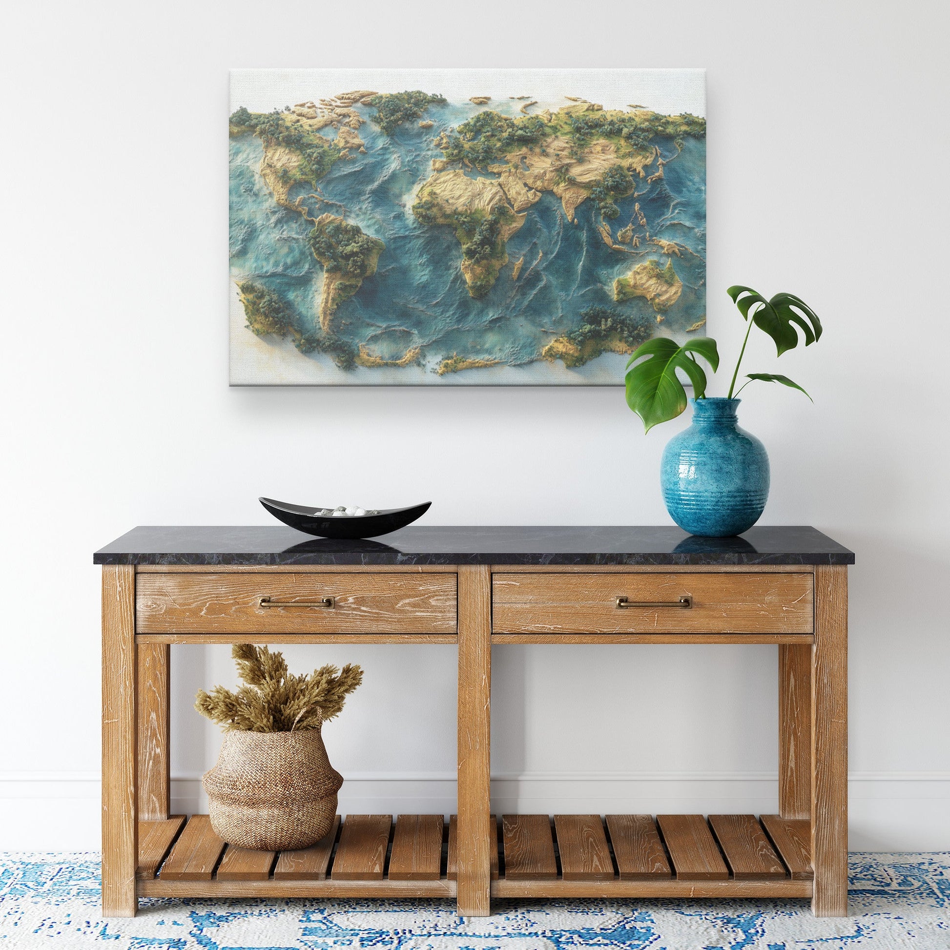 Textured World Map with Lush Greenery and Blue Oceans Canvas Wall Art Decor - Awakening Righteousness