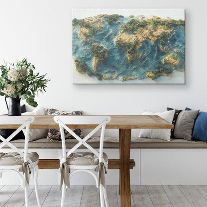 Textured World Map with Lush Greenery and Blue Oceans Canvas Wall Art Decor - Awakening Righteousness