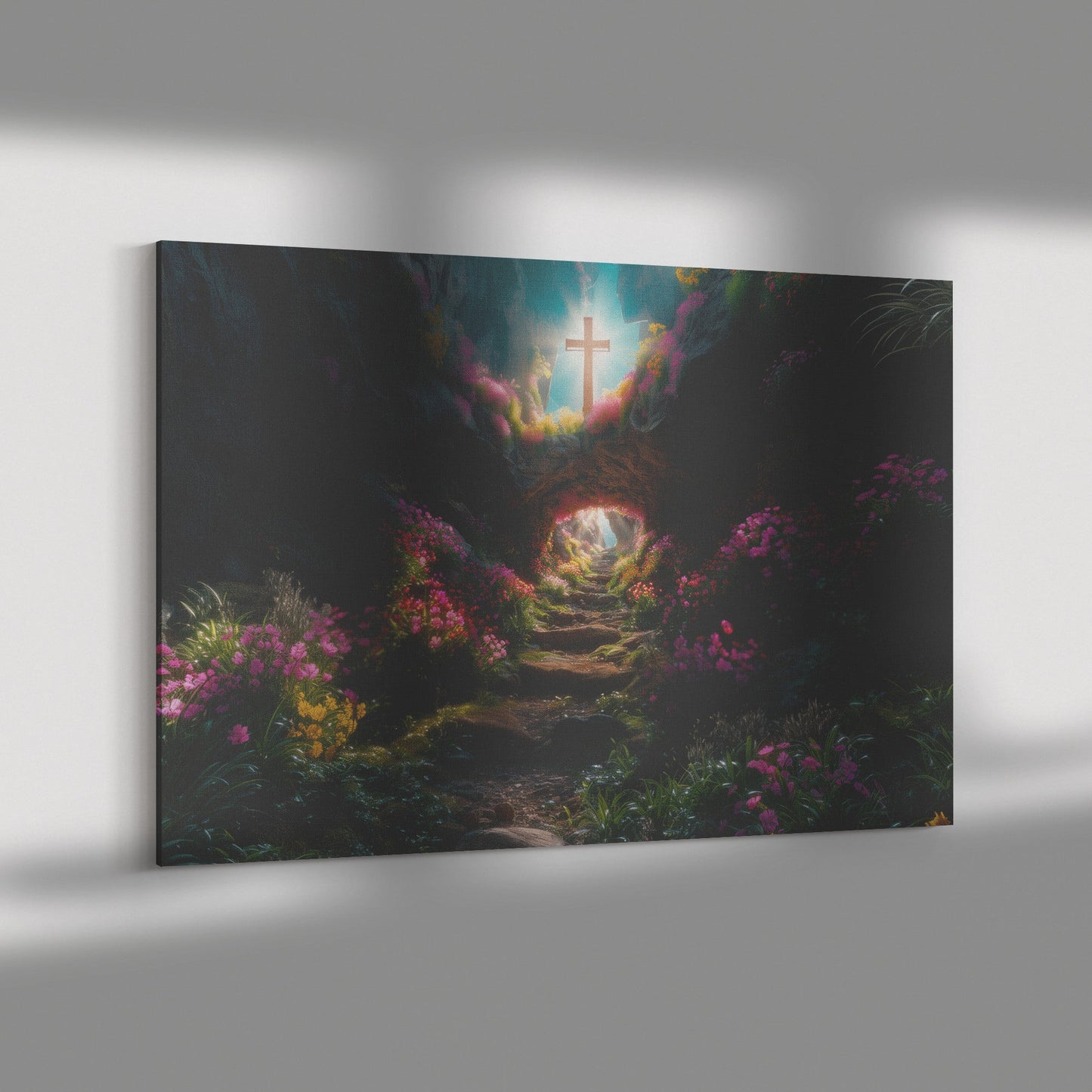 The Narrow Path to the Cross Surrounded by Vibrant Flowers Christian Canvas Wall Art - Awakening Righteousness