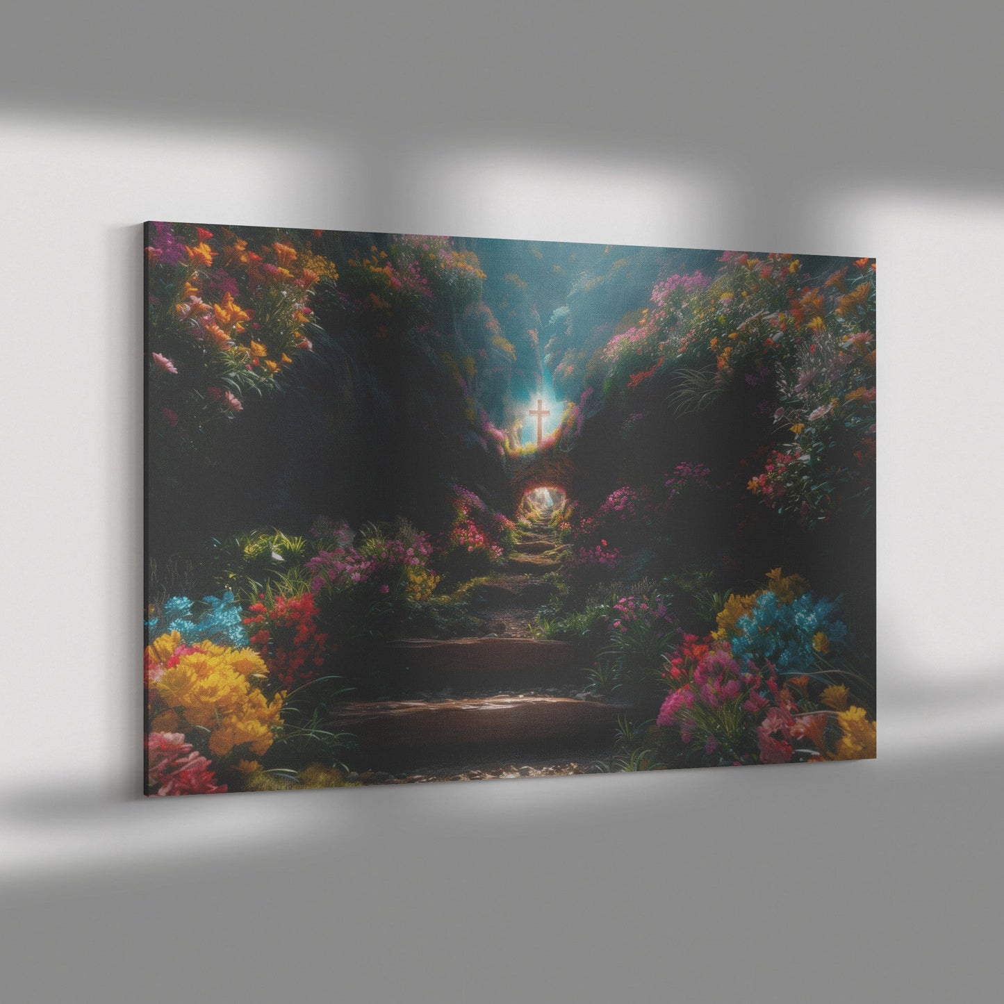 The Narrow Path to the Cross Vibrant Floral Trail with Heavenly Light Christian Canvas Wall Art Decor - Awakening Righteousness