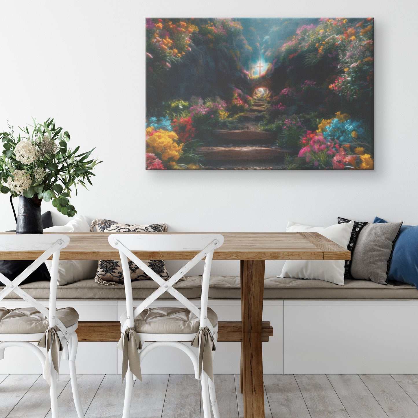 The Narrow Path to the Cross Vibrant Floral Trail with Heavenly Light Christian Canvas Wall Art Decor - Awakening Righteousness
