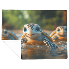 Three Adorable Baby Turtles with Big Eyes Swimming in Clear Jungle River Cozy Fleece Sherpa Blanket - Awakening Aesthetics