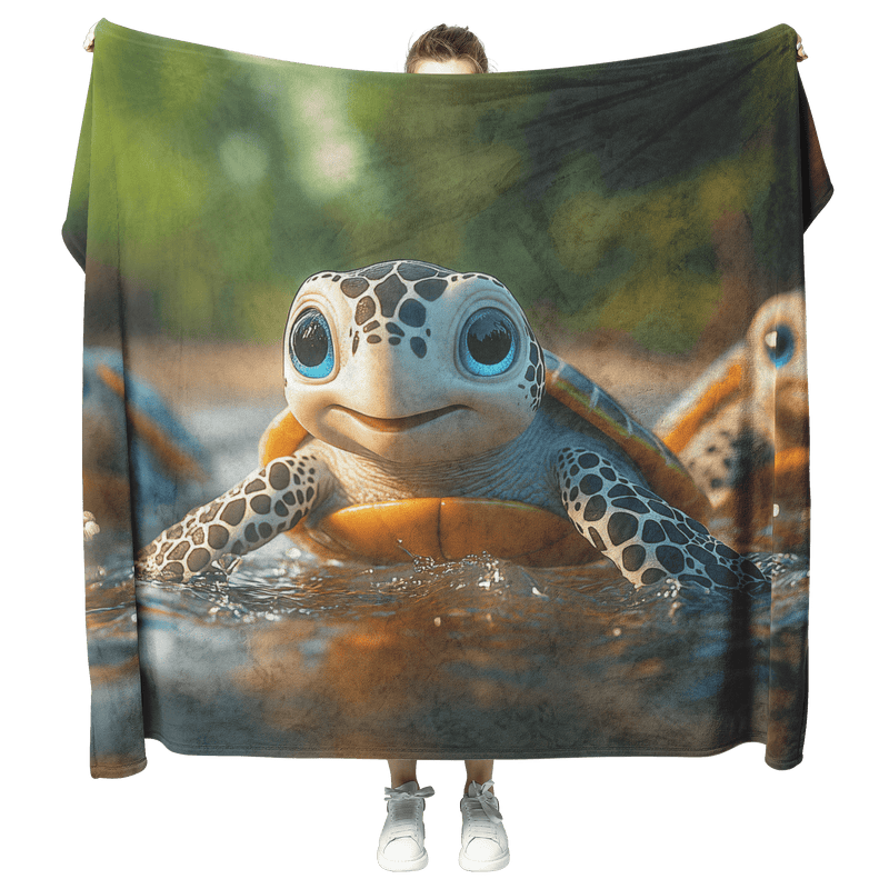 Three Adorable Baby Turtles with Big Eyes Swimming in Clear Jungle River Cozy Fleece Sherpa Blanket - Awakening Aesthetics