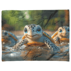 Three Adorable Baby Turtles with Big Eyes Swimming in Clear Jungle River Cozy Fleece Sherpa Blanket - Awakening Aesthetics