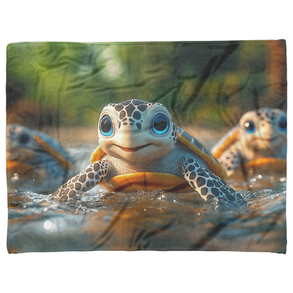 Three Adorable Baby Turtles with Big Eyes Swimming in Clear Jungle River Cozy Fleece Sherpa Blanket - Awakening Righteousness