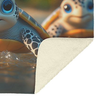 Three Adorable Baby Turtles with Big Eyes Swimming in Clear Jungle River Cozy Fleece Sherpa Blanket - Awakening Righteousness