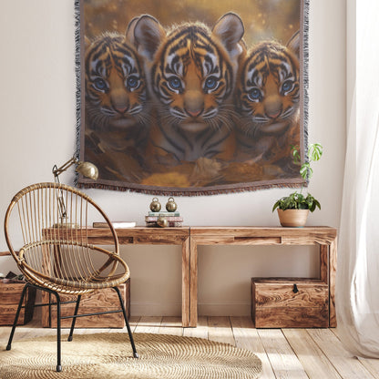 Three Baby Tiger Cubs Surrounded by Autumn Leaves Cozy Woven Throw Blanket - Awakening Righteousness