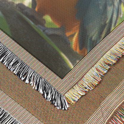 Three Colorful Parrots with Blue Eyes in Jungle Cozy Woven Throw Blanket - Awakening Righteousness