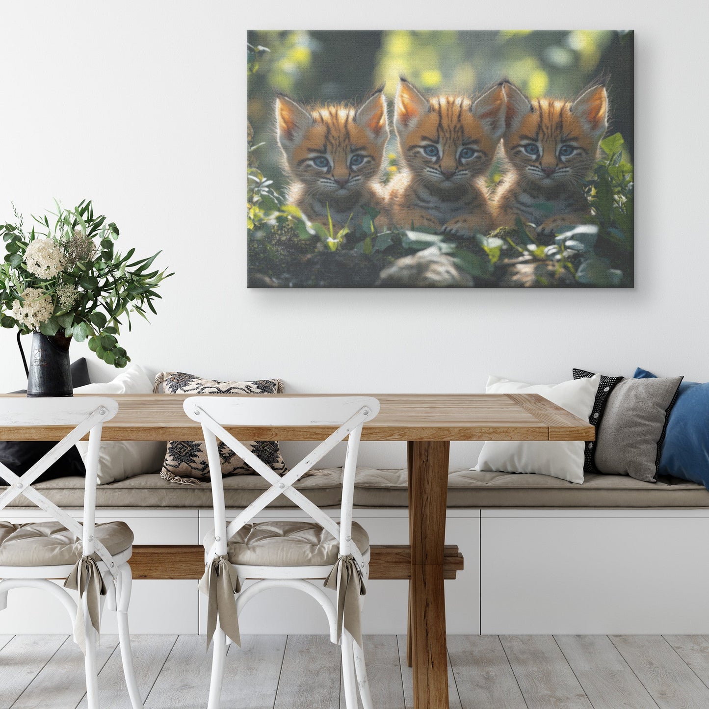 Three Cute Baby Bobcat Cubs Sitting In The Forest With Blue Eyes Canvas Wall Art Decor - Awakening Righteousness