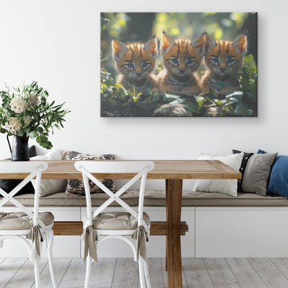 Three Cute Baby Bobcat Cubs Sitting In The Forest With Blue Eyes Canvas Wall Art Decor - Awakening Righteousness