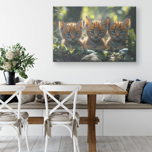 Three Cute Baby Bobcat Cubs Sitting In The Forest With Blue Eyes Canvas Wall Art Decor - Awakening Righteousness