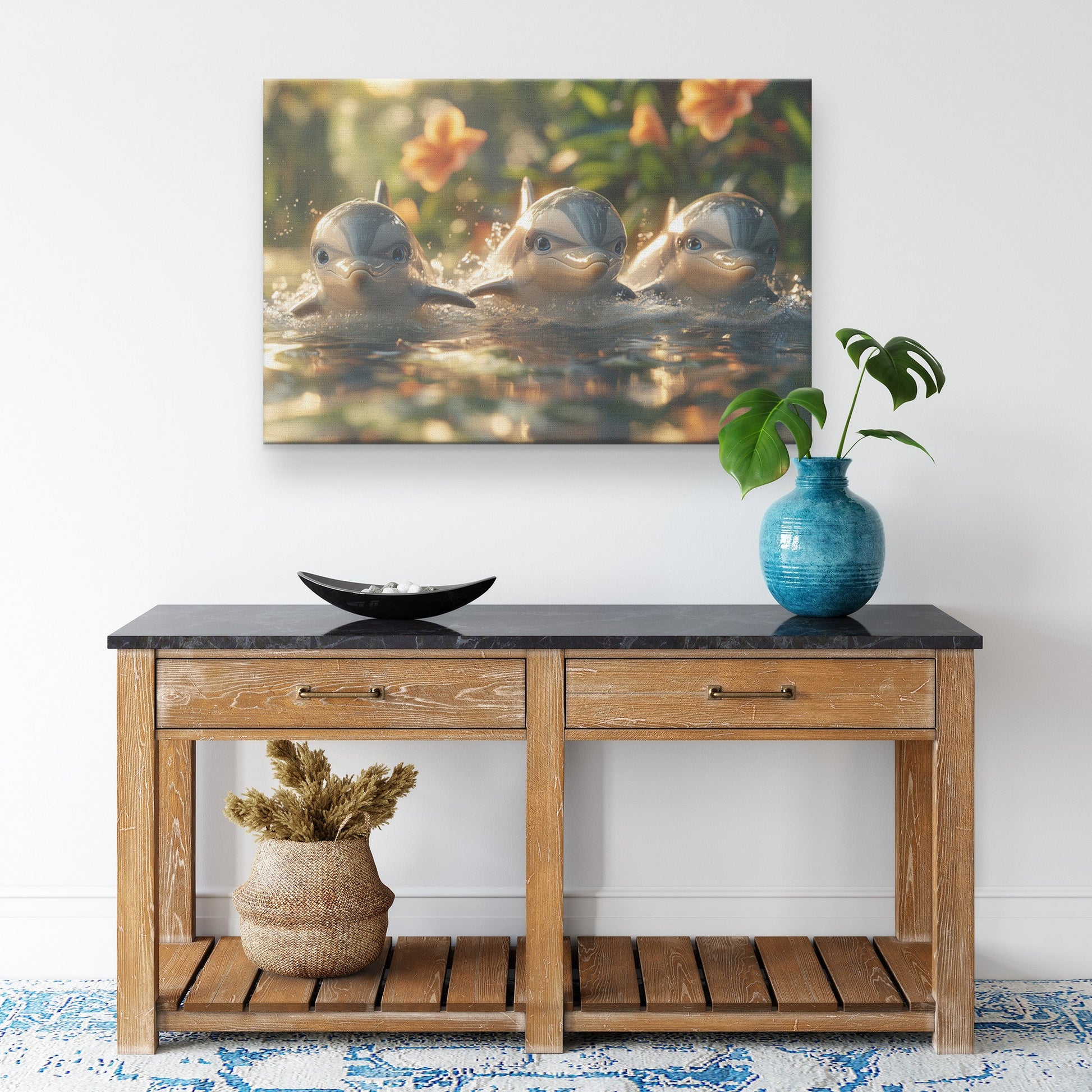 Three Cute Baby Dolphins Playing in Water with a Fantasy Flower Background Canvas Art - Awakening Righteousness
