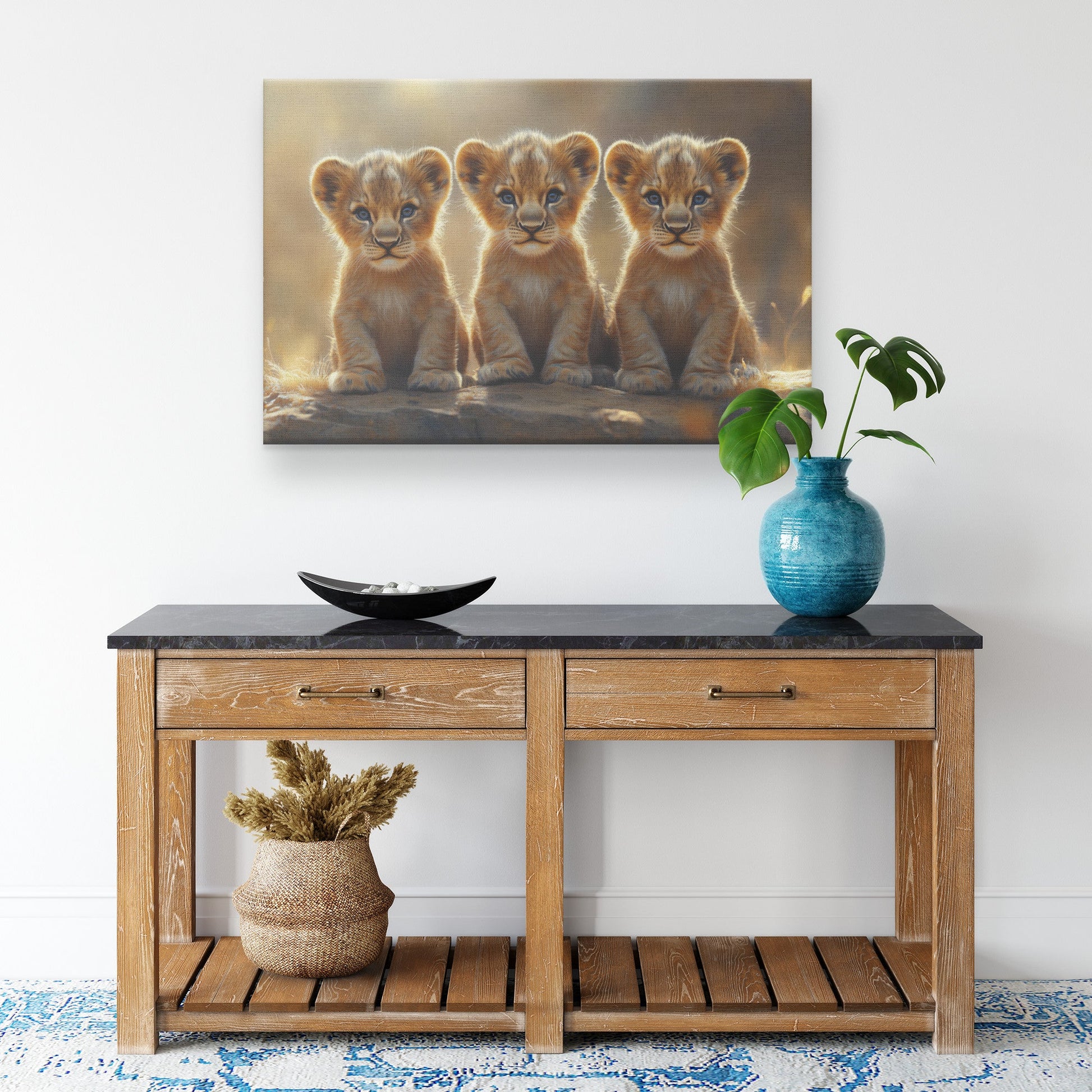 Three Cute Baby Lion Cubs Sitting Side by Side with Big Blue Eyes in Golden Hour Lighting Canvas Wall Art Décor - Awakening Righteousness