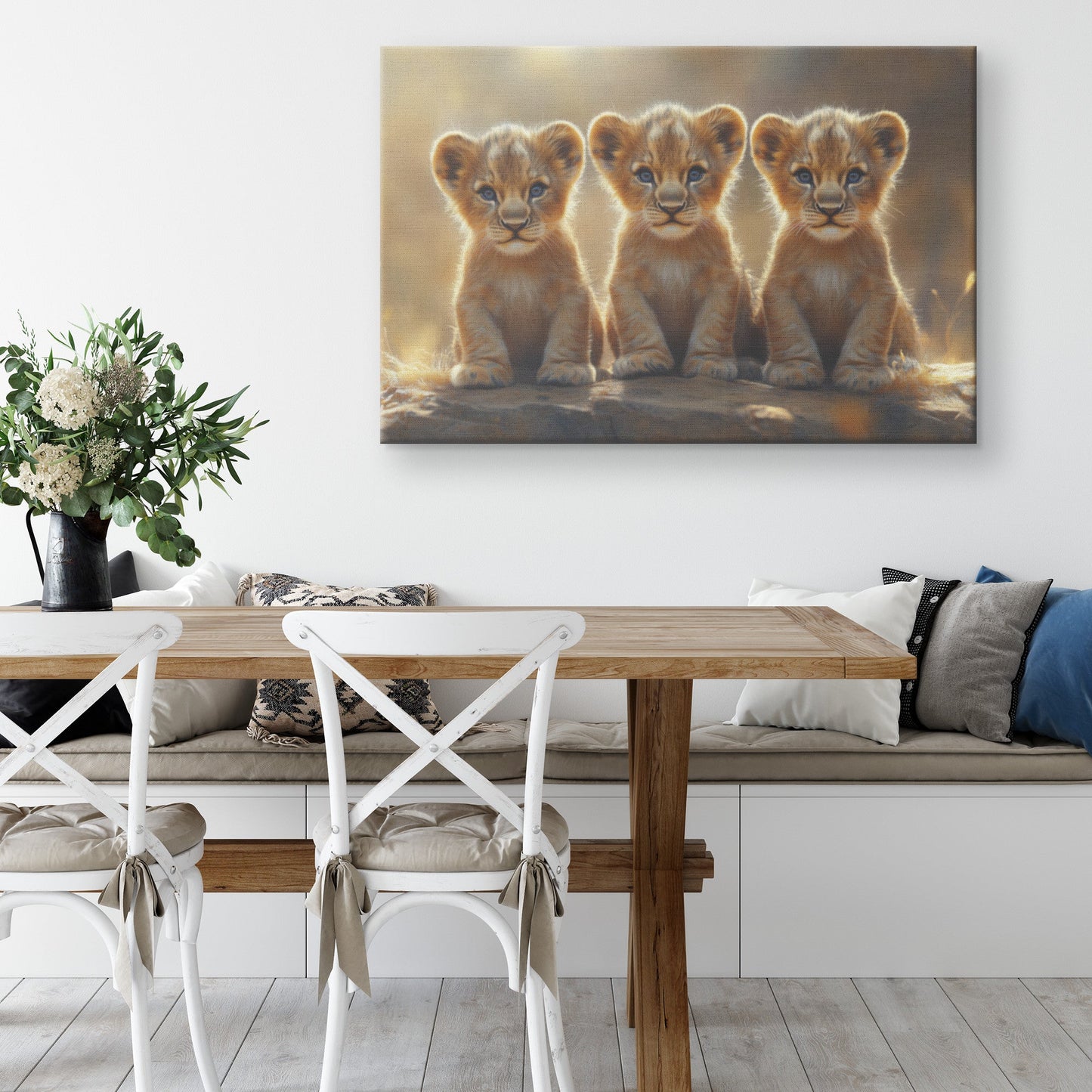 Three Cute Baby Lion Cubs Sitting Side by Side with Big Blue Eyes in Golden Hour Lighting Canvas Wall Art Décor - Awakening Righteousness