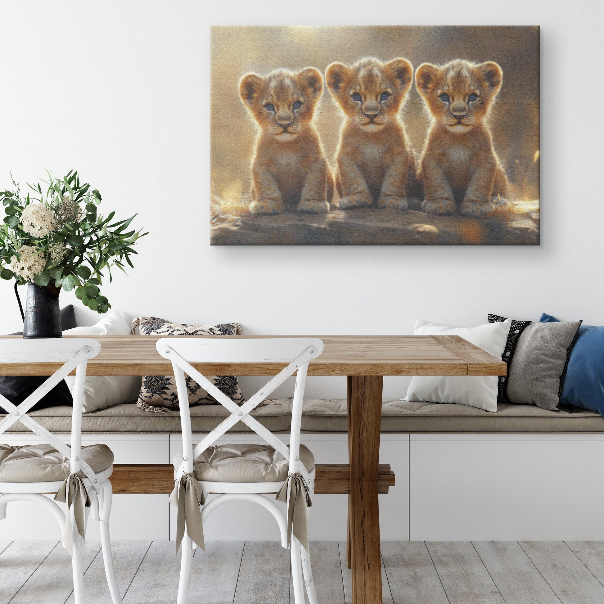 Three Cute Baby Lion Cubs Sitting Side by Side with Big Blue Eyes in Golden Hour Lighting Canvas Wall Art Décor - Awakening Righteousness
