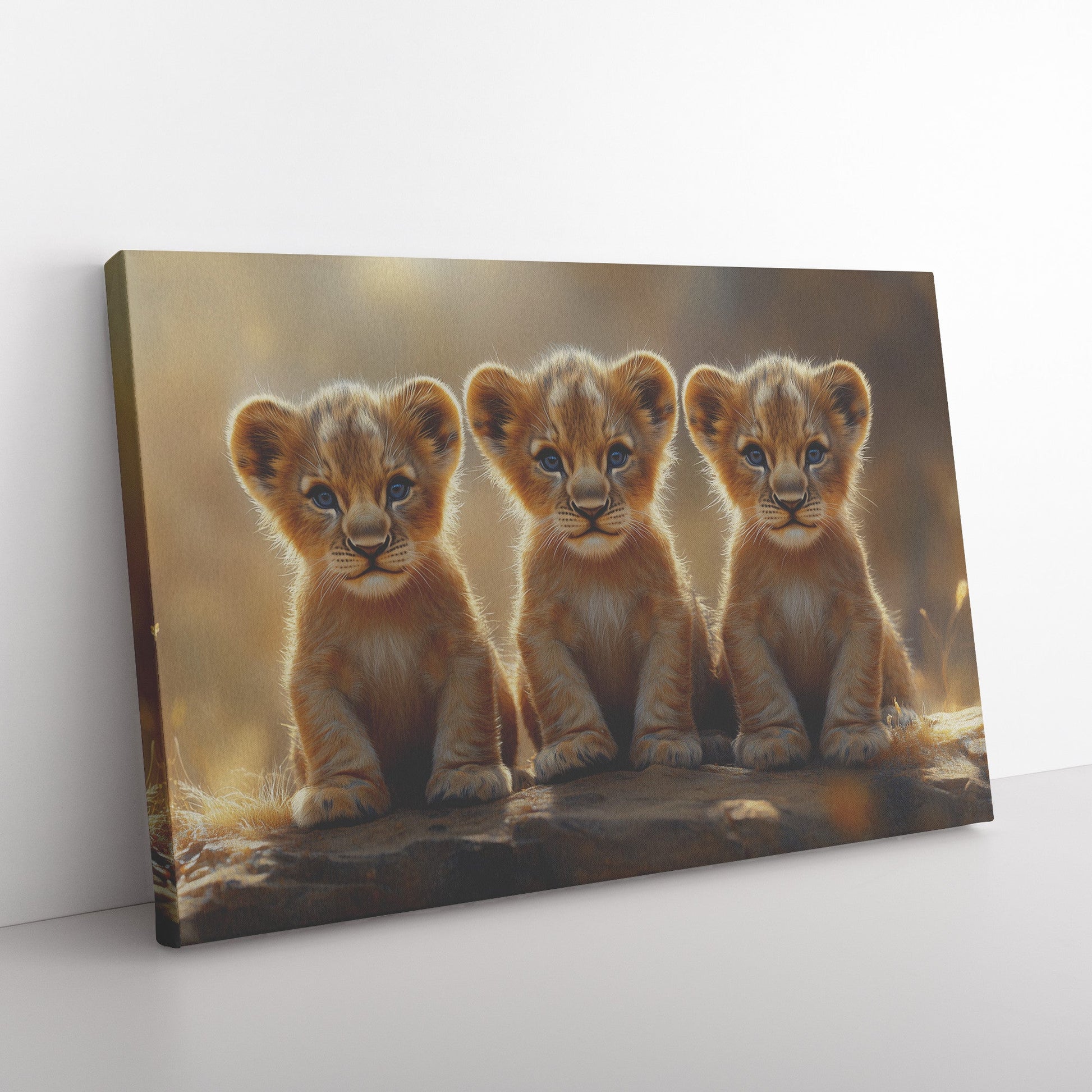 Three Cute Baby Lion Cubs Sitting Side by Side with Big Blue Eyes in Golden Hour Lighting Canvas Wall Art Décor - Awakening Righteousness