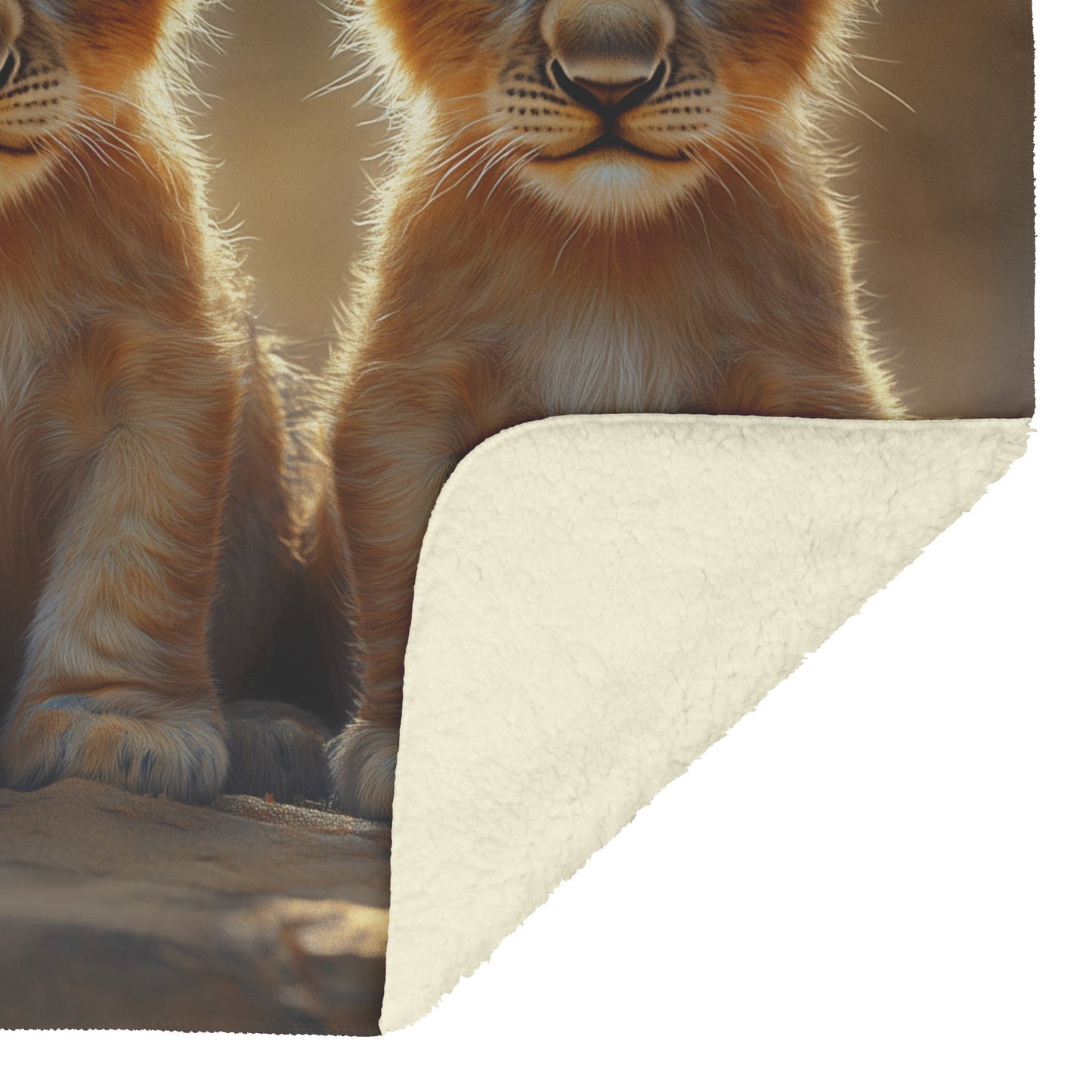 Three Cute Baby Lion Cubs with Blue Eyes and Golden Hour Glow Cozy Fleece Sherpa Blanket - Awakening Righteousness