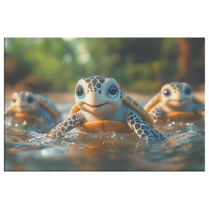 Three Cute Baby Turtles Smiling in Jungle River Canvas Wall Art Decor - Awakening Righteousness