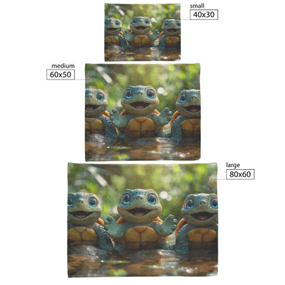 Three Cute Baby Turtles with Big Blue Eyes Sitting on Rocks in Serene Forest Cozy Fleece Sherpa Blanket - Awakening Righteousness