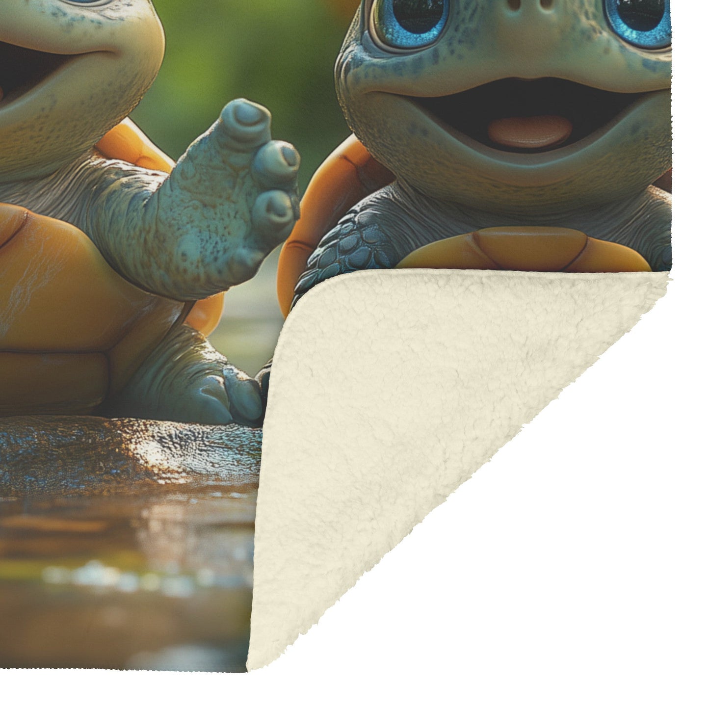 Three Cute Baby Turtles with Big Blue Eyes Sitting on Rocks in Serene Forest Cozy Fleece Sherpa Blanket - Awakening Righteousness