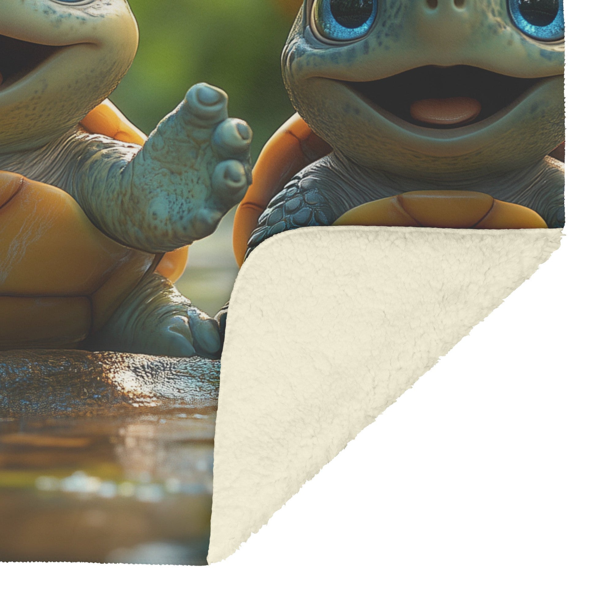 Three Cute Baby Turtles with Big Blue Eyes Sitting on Rocks in Serene Forest Cozy Fleece Sherpa Blanket - Awakening Righteousness