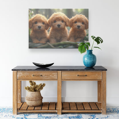 Three Cute Brown Poodle Puppies with Big Eyes Sitting in a Lush Jungle Canvas Wall Art Decor - Awakening Righteousness