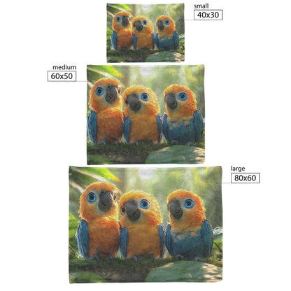 Three Cute Colorful Parrots Perched in Vibrant Jungle with Soft Sunlight Cozy Fleece Sherpa Blanket - Awakening Righteousness