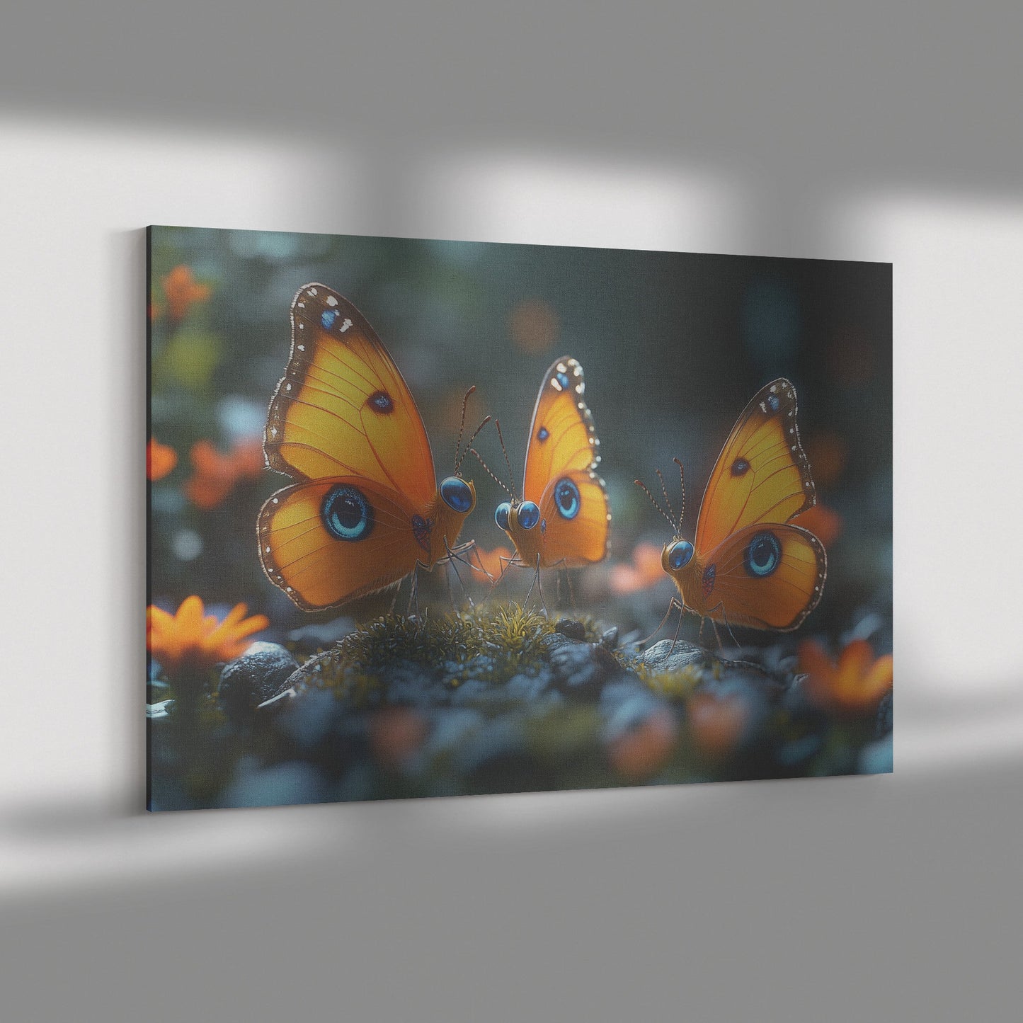 Three Majestic Butterflies With Blue Eyes On Wings Mossy Rocks Canvas Wall Art Decor - Awakening Righteousness