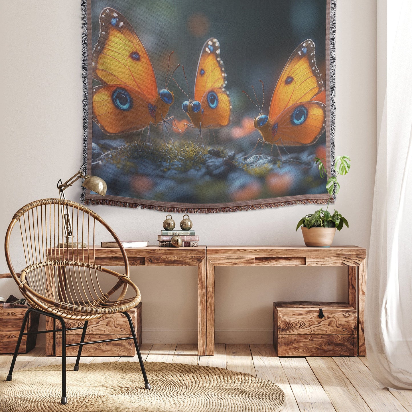 Three Vibrant Orange Butterflies with Blue Eyes on Mossy Rocks Surrounded by Flowers Cozy Woven Throw Blanket - Awakening Righteousness