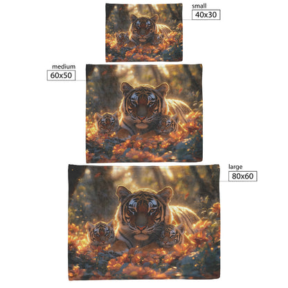 Tiger Family in Glowing Jungle Sherpa Fleece Blanket Vibrant Wildflowers Sunlit Leaves Peaceful Wildlife Scene - Awakening Righteousness
