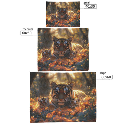 Tiger Family in Glowing Jungle Sherpa Fleece Blanket Vibrant Wildflowers Sunlit Leaves Peaceful Wildlife Scene - Awakening Righteousness