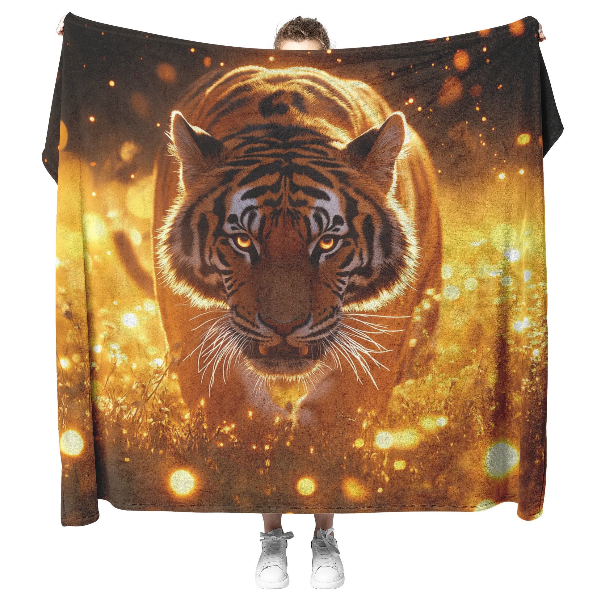 Tiger in Golden Meadow Sherpa Fleece Blanket Twilight Fireflies Glowing Light Reflecting Fur Graceful Wildlife Scene - Awakening Righteousness