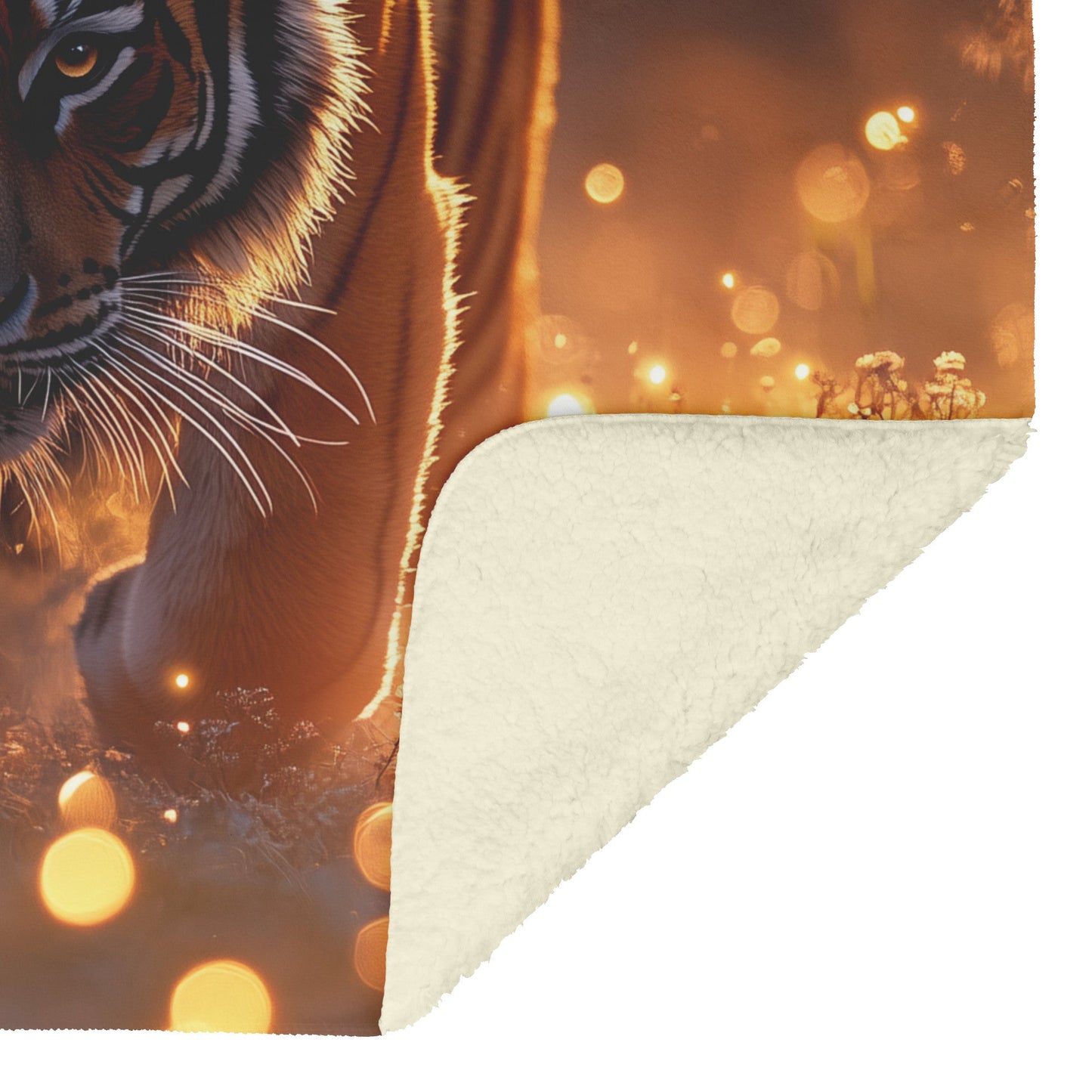 Tiger in Golden Meadow Sherpa Fleece Blanket Twilight Fireflies Glowing Light Reflecting Fur Graceful Wildlife Scene - Awakening Righteousness