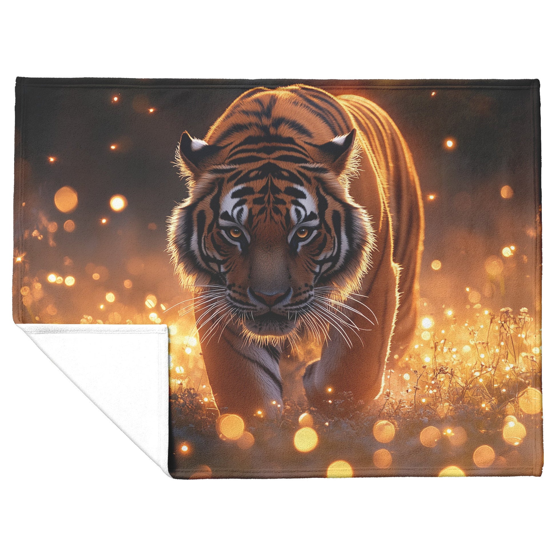 Tiger in Golden Meadow Sherpa Fleece Blanket Twilight Fireflies Glowing Light Reflecting Fur Graceful Wildlife Scene - Awakening Righteousness