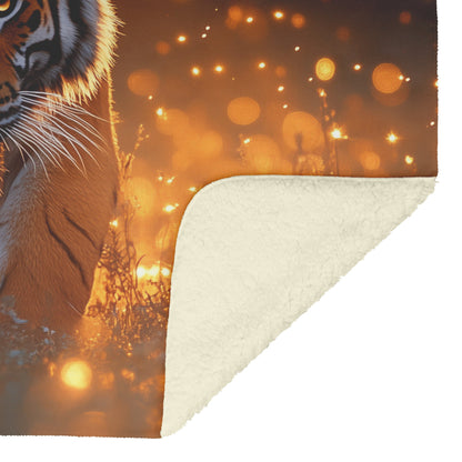 Tiger in Golden Meadow Sherpa Fleece Blanket Twilight Fireflies Glowing Light Reflecting Fur Graceful Wildlife Scene - Awakening Righteousness