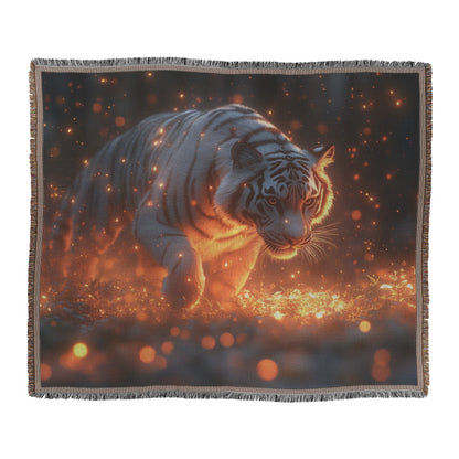 Tiger Leaping Through Glowing Forest Clearing Under Ethereal Moonlight Woven Throw Blanket - Awakening Righteousness