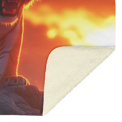Tiger Roaring on Rocky Ledge Sherpa Fleece Blanket Glowing Red Sunset Warm Light Dynamic Powerful Wildlife Scene - Awakening Righteousness