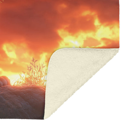Tiger Roaring on Rocky Ledge Sherpa Fleece Blanket Glowing Red Sunset Warm Light Dynamic Powerful Wildlife Scene - Awakening Righteousness