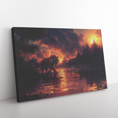 Tiger Walking Across Glowing Ancient Temple Overgrown with Jungle Vines Under Magical Twilight Sky Canvas Wall Art - Awakening Righteousness